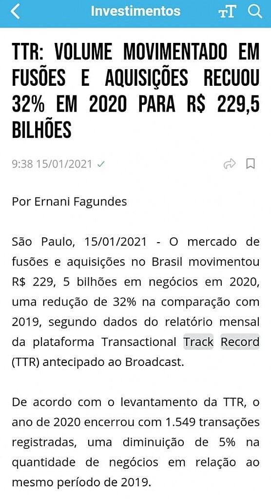 TTR: Volume movimentado em fuses e aquisies recuou 32% em 2020, a R$ 229,5 bilhes